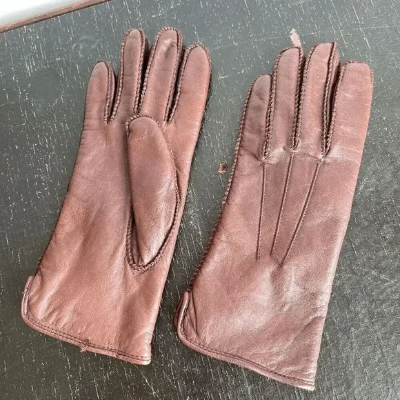 VTG Grandoe Leather Winter Gloves S Polartec Lined Brown 3-Point Stitch Warm