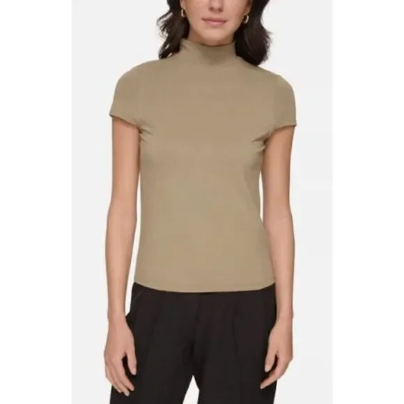 DKNY Cap Sleeve Mock Neck Top Women's M Light Fatigue XL