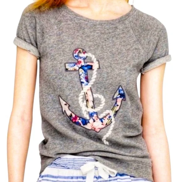J Crew Medium Gray Terry Multicolor Floral Anchor Short Sleeve Sweatshirt