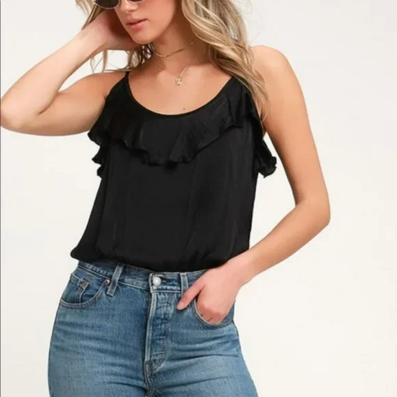 Free People Not Tired Black Satin Bodysuit