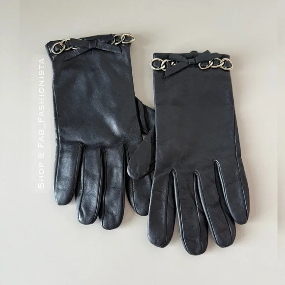 Michael Kors Black Leather Gloves with Chain Accent