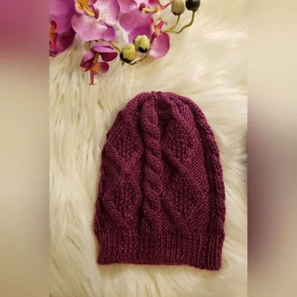 Women's NWT Purple Metallic Lurex Chunky Cable Knit Winter Hat & Gloves Set
