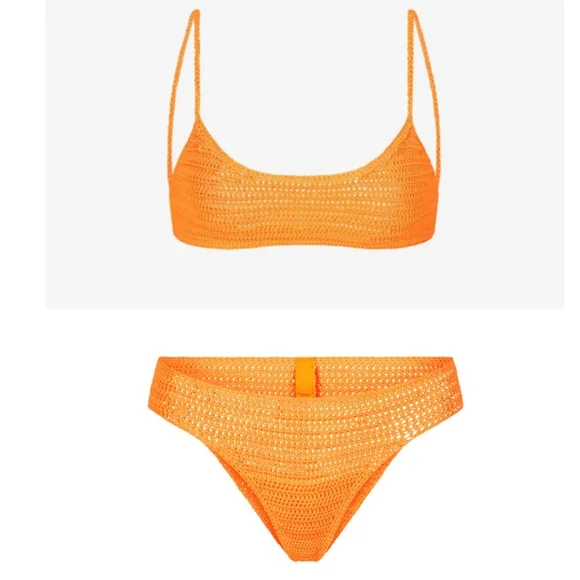 NWT SKIMS SWIM CROCHET MICRO SCOOP BIKINI TOP & BIKINI BOTTOM SET IN NEON ORANGE