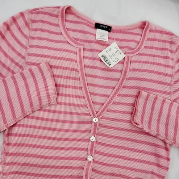 J.Crew Y2K Retro 2000s Preppy Ribbed Knit Henley Top Size M Pink Striped NWT