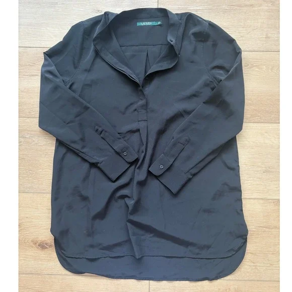 Lauren Ralph Lauren Black Band Collar Tunic Blouse Shirt Womens size Large