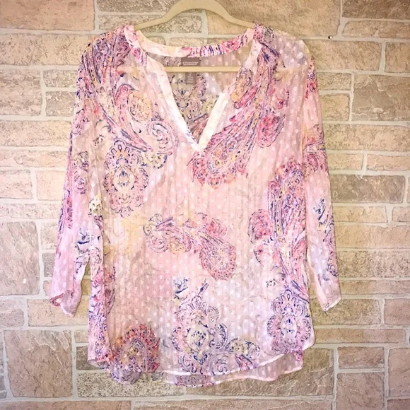 ✅Chico’s Sheer Open V Neck Long Sleeve Top