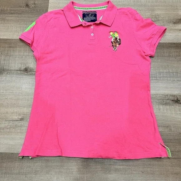 US Polo Assn Women's Polo Shirt XL Hot Pink Trim Stretch Pony Logo Y2K Preppy