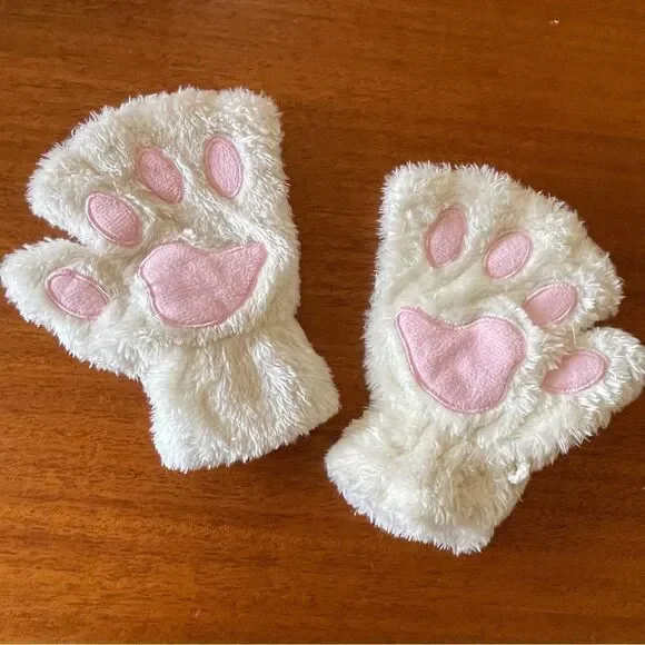 Fuzzy Cat Paw Costume Gloves White with Pink Pads