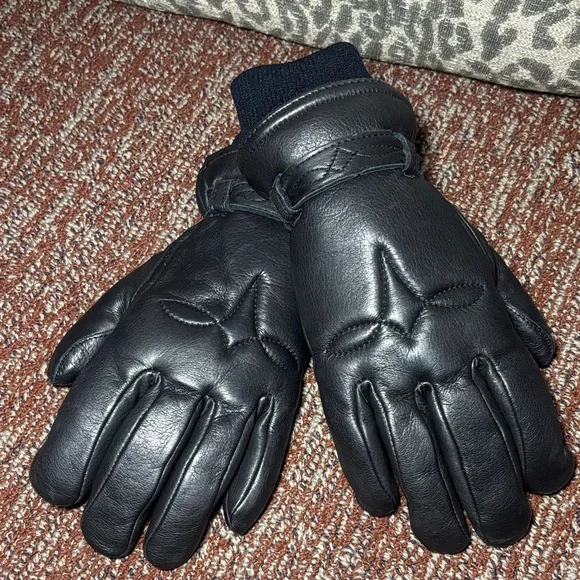 Grandoe women’s Black Leather Gloves cashmere lined thick winter gloves small