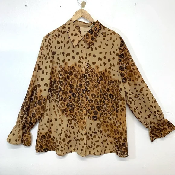 Apostrophe Blouse Woman 18W Button Down Brown‎ Animal Print Ruffle Cuff Tunic