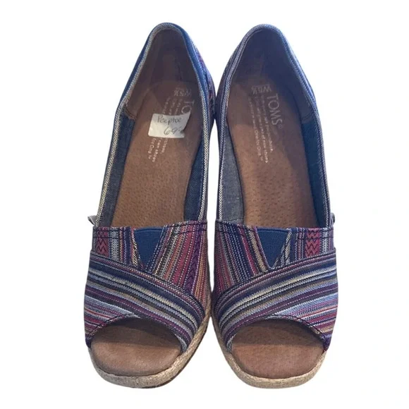 TOMS Women's Espadrille Wedge Multi Stripe Peep Toe W5.5‎