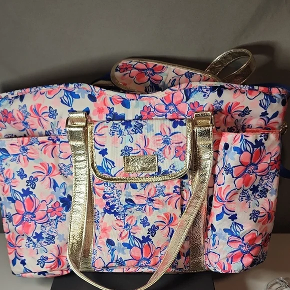 Lilly Pulitzer Pink and Blue Floral Bag with Gold Straps- NWOT