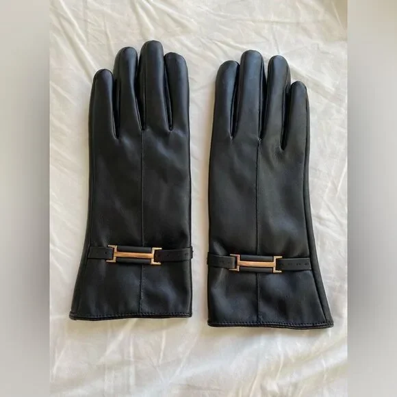 Ladies Black Leather Suede Winter Gloves