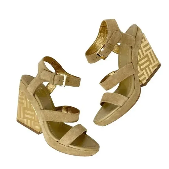KATE SPADE New York Farryn Beige Gold Suede Geometric Wedge Espadrilles