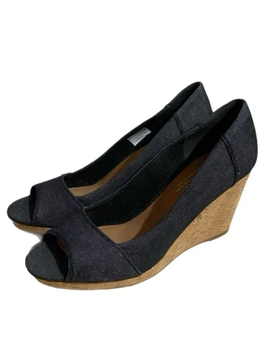 Toms Stella Cork Blue Denim Wedges Shoes Peep-Toe Slip-On Comfort Platform Sz 9