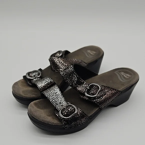Dansko Black and Silver Wedge Sandals