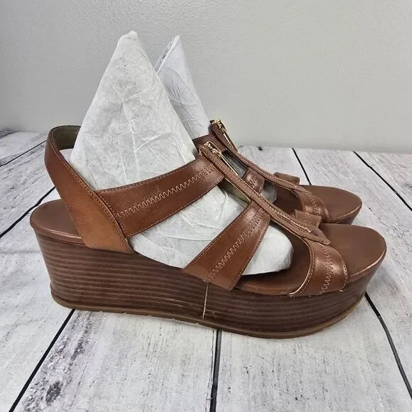 Michael Kors Berkley T- Strap Tan Leather Wedge Sandals
