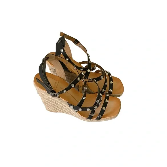 Dolce Vita Leather Wedge Strappy Sandals‎ Size 6.5 Black with Silver Studs