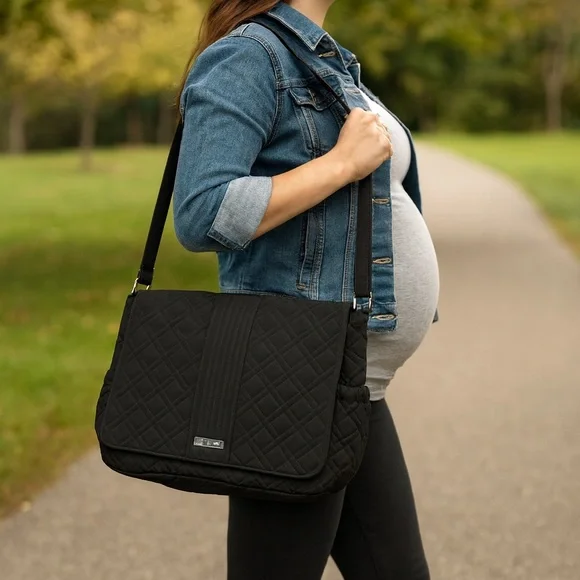 Vera Bradley Black Quilted Baby Diaper Bag Large Shoulder Bag Travel Tote‎