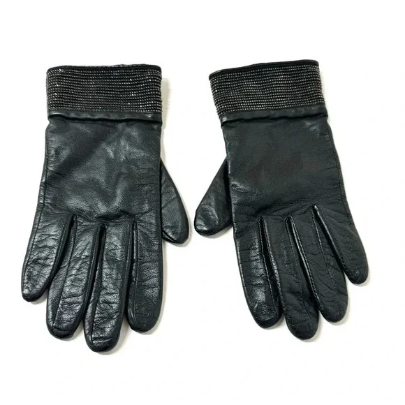 Lauren Ralph Lauren Leather Beaded Black Gloves Size Medium