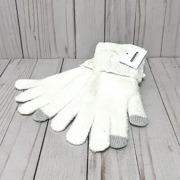 SONOMA Women's WHITE Chenille CUFF Knit WINTER GLOVES Lightweight TOUCH SCREEN