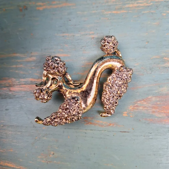 Vintage Dog Poodle Pin Green Gemstone Eyes Gold Metal Brooch Pooch Pins
