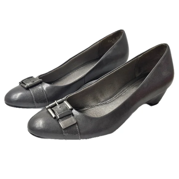 LifeStride Gala Low Wedge Pumps Women’s 8.5 Gray Silver Comfort Buckle Shoes