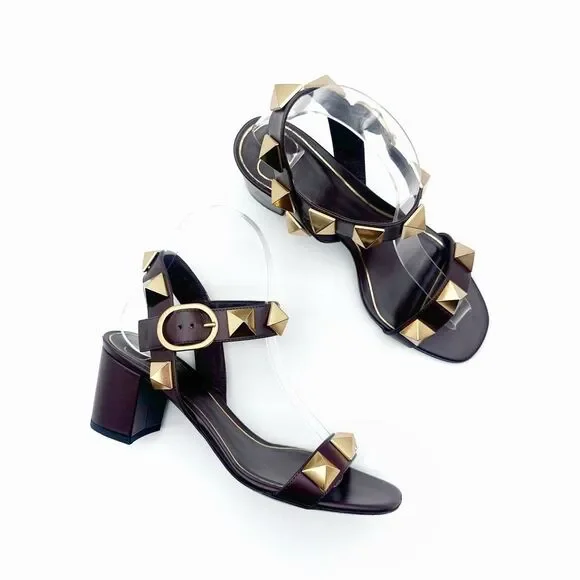 VALENTINO Brown Rockstud Heels Size 37 Sandal Leather Block Heel Ankle Strap
