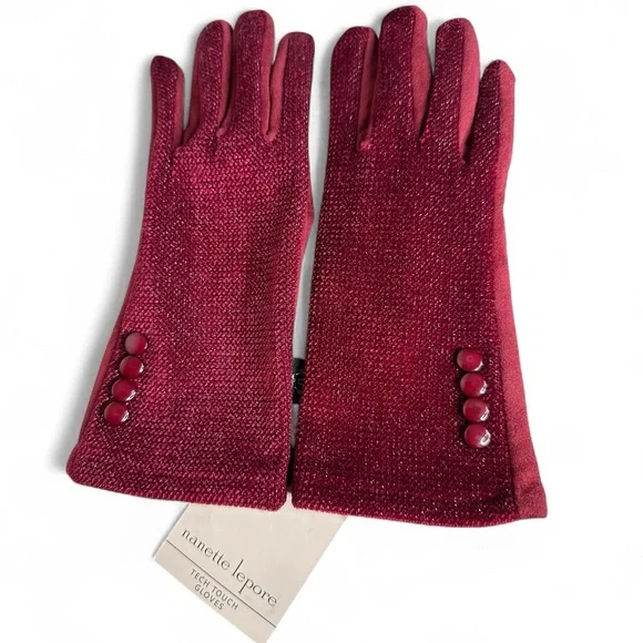 Nanette Lepore Women’s Tech Knit Metallic Velvet Button Detail Gloves One Size