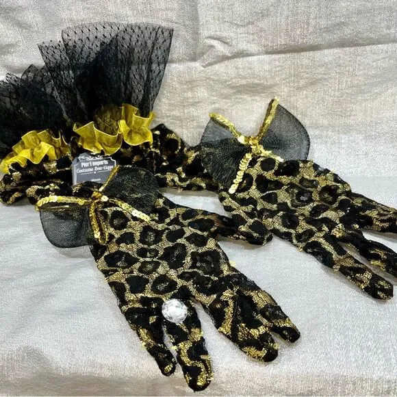 Pier 1 Imports Leopard Print Lace Gloves with Gold Accent Bows and Bling