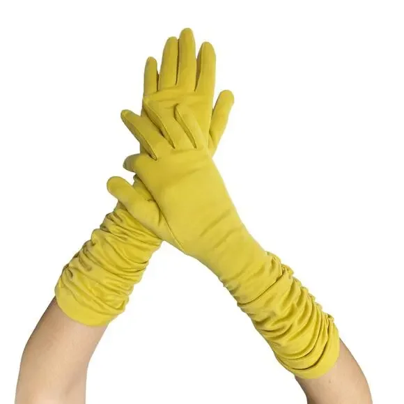 Vintage Fownes Embraceable Womens Size 6-7 Yellow Gathered Nylon Long Gloves