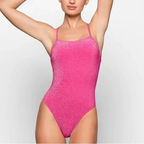 SKIMS Glitter Swim One Piece in Magenta Pink Glitter Fabric- Size 4X