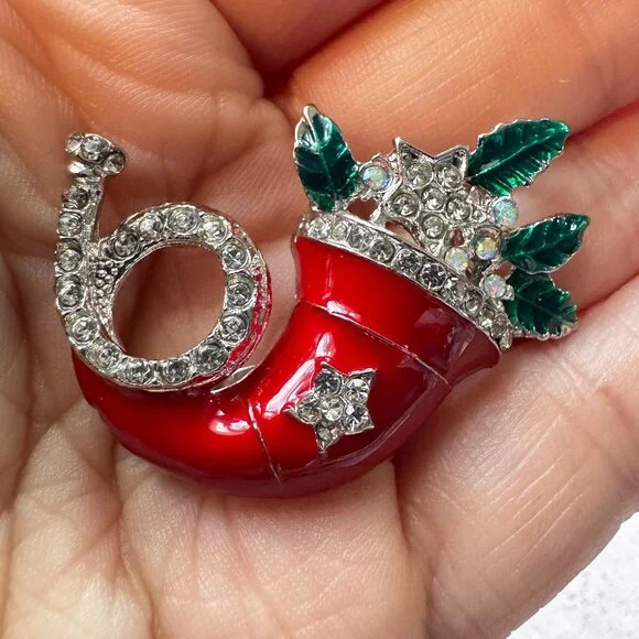Vintage Red Enamel Christmas Stocking Brooch with Rhinestones, Holly & Silver