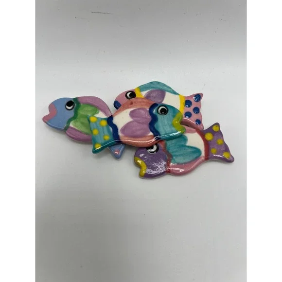 Hand Painted Ceramic Tropical Fish Brooch 80s Kitsch Coastal Boho Multi Ceramic