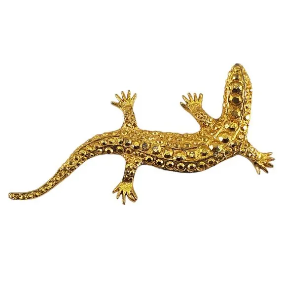 Vintage Faceted Lizard Brooch Pin Gold Tone Textured 3D Reptile Gecko