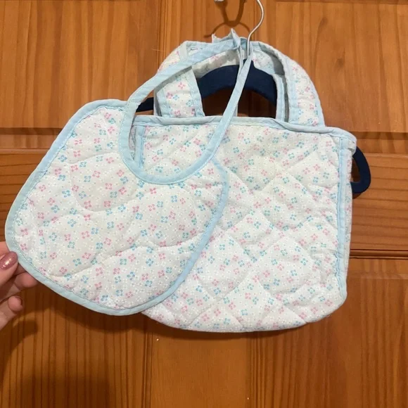 Vintage Quilted Floral Diaper Bag with Matching Bib - Light Blue
