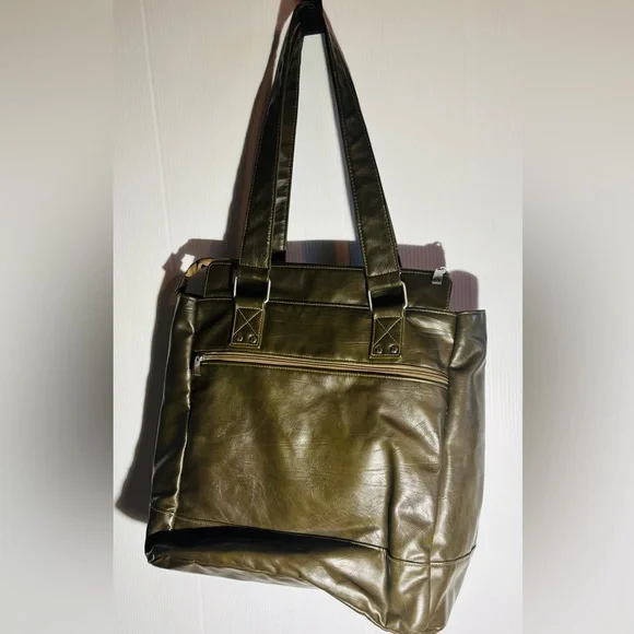 Dark Green Faux Leather Diaper Bag Large Baby Tote Multi Pocket Shoulder Bag