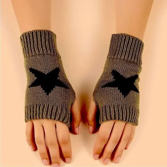Knit Fingerless Gloves Hand Warmers with Black Star Design