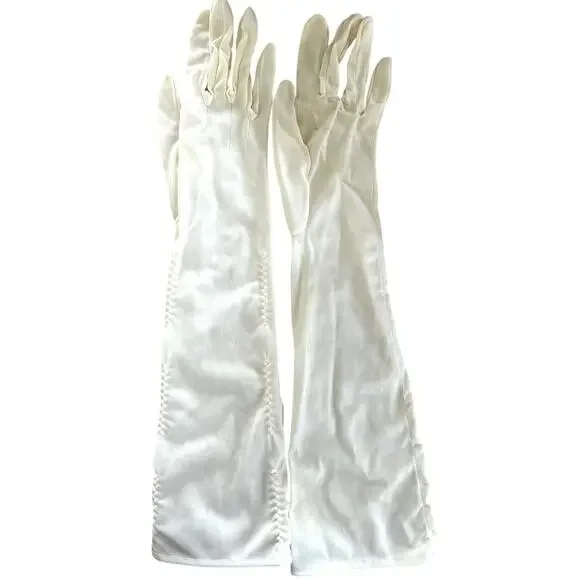 Vintage 50s 60s White Ruched Nylon Opera Gloves Elbow Length