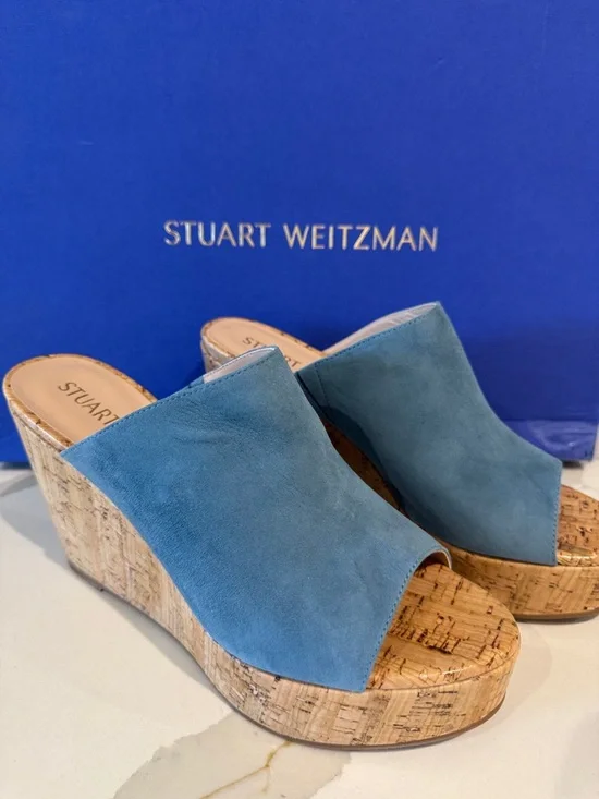 Stuart Weitzman Teal Blue Suede Cork Wedge Mules 10