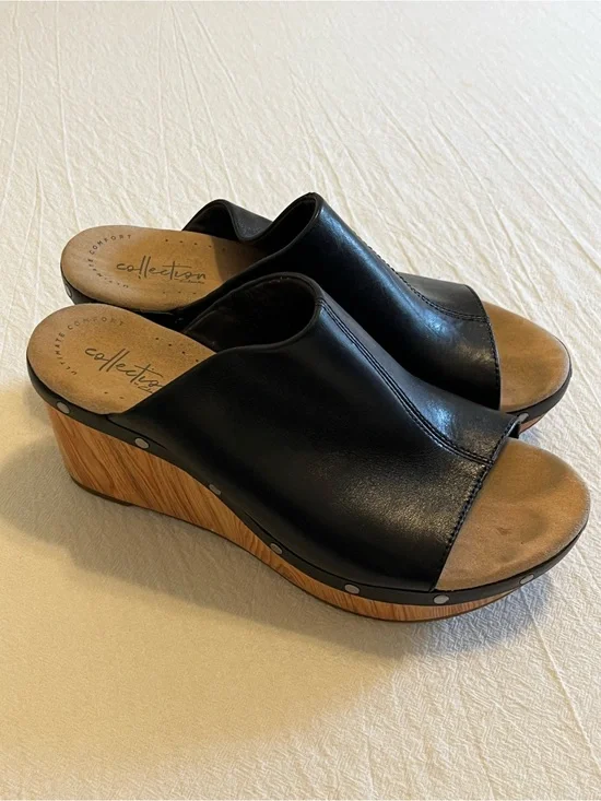 Clarks Collection Black Leather Open Toe Wedge Mule Sandals Clogs Women’s 8