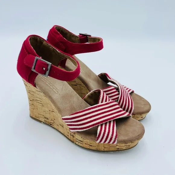 TOMS Multi Strap Red Striped Cork Wedges