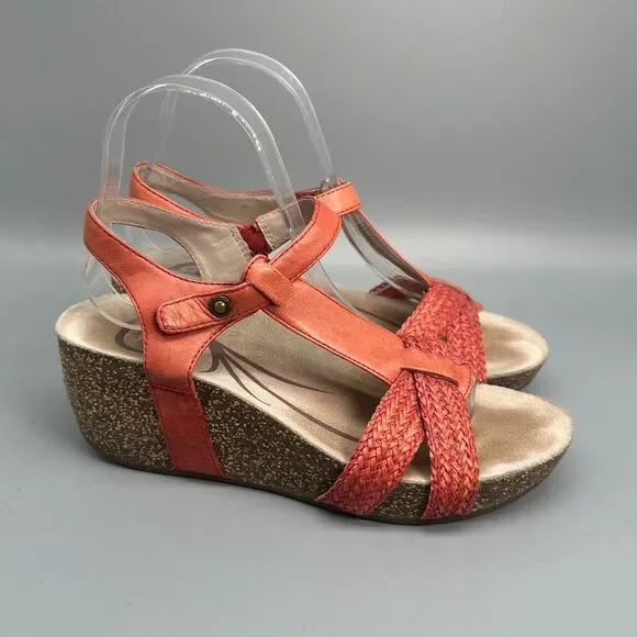 Abeo Urmy Women's 7 Orange Woven Leather Cork Hook & Loop T-Strap Wedge Sandals