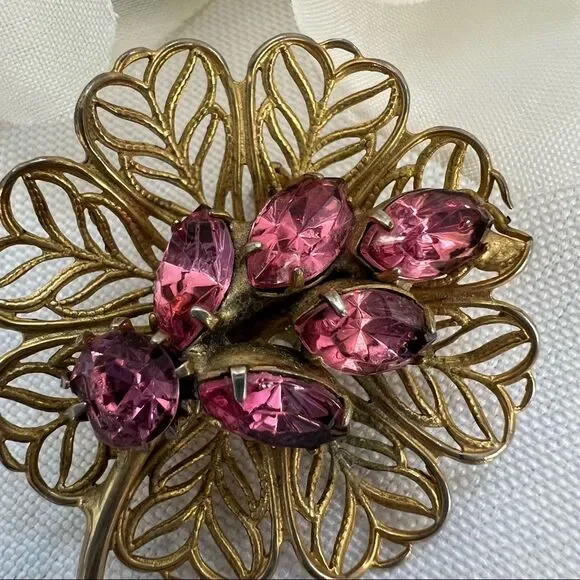 Vintage Marquise Cut Pink Stone Gold Tone Flower Brooch