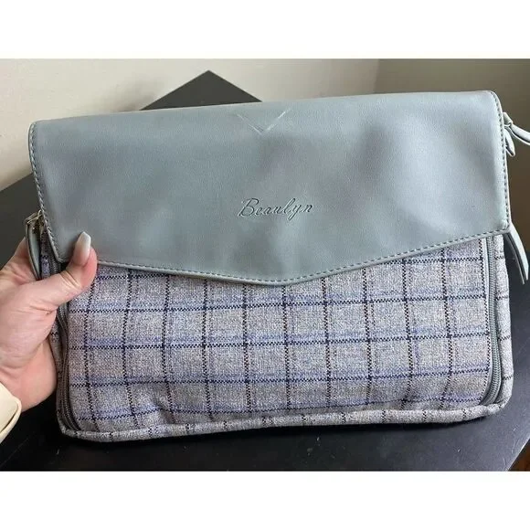 Beaulyn Leather Travel Changing Pad Blue Plaid Diaper Storage Wipes Case