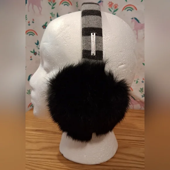 EUC Michael Kors Black & Grey Stripe Rabbit Fur Warm Casual Ear Muffs