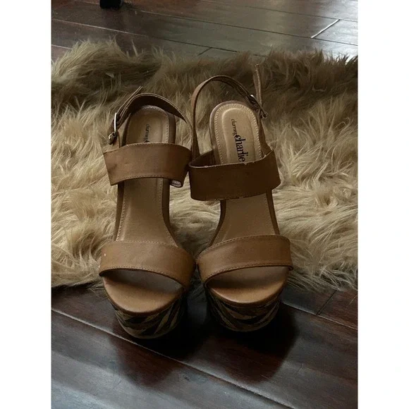 Charming‎ Charlie Wedge Sandals Tan Ankle Strap Platform Heels Women's Shoes S 8