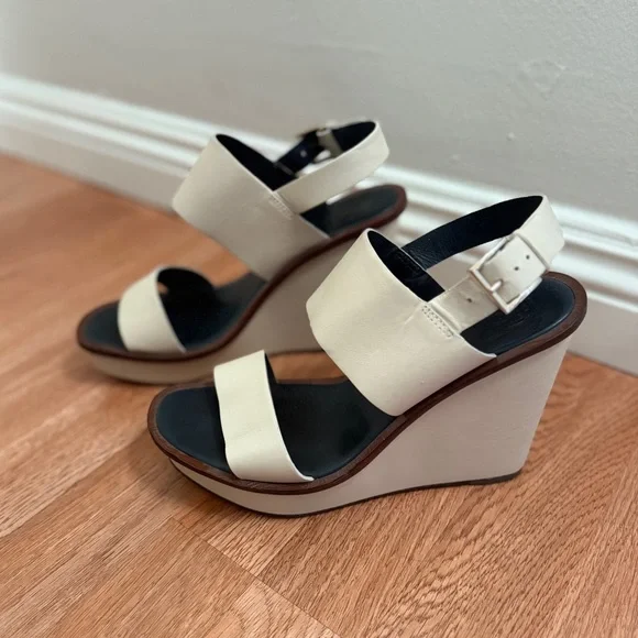 Tory Burch Lexington 110MM Ivory White Leather Platform Wedge Sandals Size 8.5