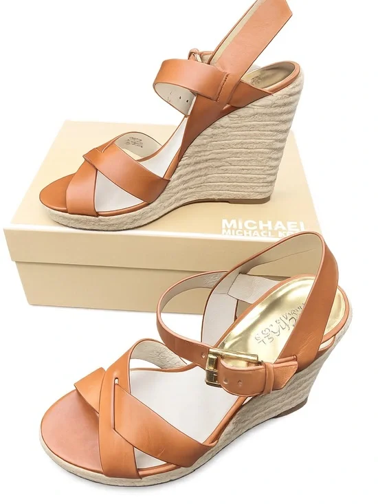 Michael Kors Cognac Leather Espadrille Wedge Sandals