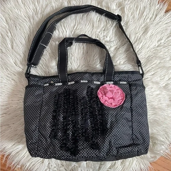 LeSportsac Black White Polkadot Polyester Pink Rose Large Baby Diaper Bag O/S